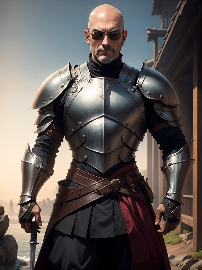 As imagined, masterpiece, authentic, male, age 47, Japanese, beautiful face, shaved head, Boston style sunglasses, studio lighting, cinematic lighting, thoughtful, beautiful dark eyes, perfect anatomy, cool smile, central image, style, bioluminescent, 180 cm tall, medium height, medieval European knight in armor,both hands holding a single sword and propped up against the ground , 8K resolution, human hands, oddly perfect, gentlemanly, near perfect, dynamic, highly detailed, character sheet, concept art, smooth, symmetrical and well balanced body, direct view of figure ,whole body,entire body,full body,total body,standing,Meadow with a fresh breeze
