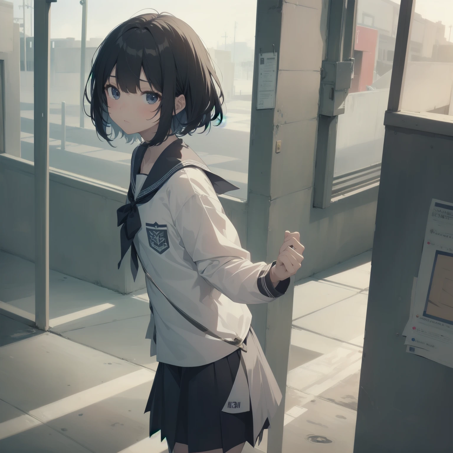 ultra-absurdres-Top quality by artist God, ultra-detailed, high resolution, anime moe artstyle, best anime 8k konachan wallpaper, pixiv contest winner, pool:2810, perfect anatomy,break, 1girl, (Please draw a girl walking sleepily to school alone. )break,(Solo,little female, 13-year-old:1.3),Full limbs, complete fingers,a junior high school student, (very short hair), short cut, flat chest, , small butt, small black eyes, beautiful detailed eyes, well-proportioned iris and pupils, expressive eyes, highres detailed hair, soft expression, salor school_uniform, sailor collar, serahuku, bow, pleated skirt,(Detailed Lighting), (Detailed background), in the School commute route. break,super detailed skin, Best cinematic lighting powered by famous artist, 8k,beauty illustration,photoshop_(medium),very aesthetic,break,((artist:sumiyao_(amam) )), artist:clamp ,artist:carnelian ,artist:kantoku ,