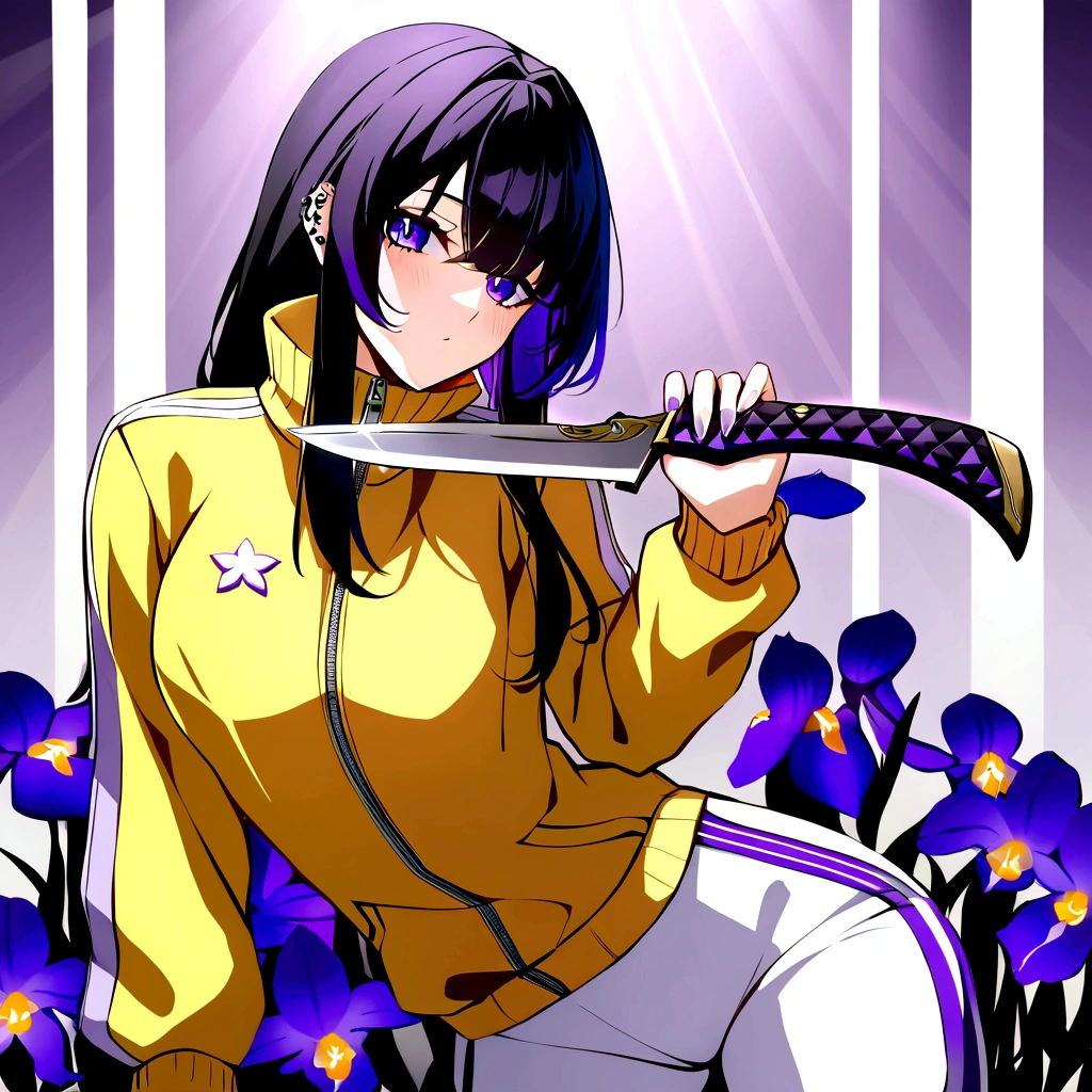 One girl, piercing purple irises, yellow tracksuit jacket, over the mouth high collar tracksuit, knife in hand, medium chest, white pants with purple accents, best quality, long black hair streaked with purple stripes, dominant, 