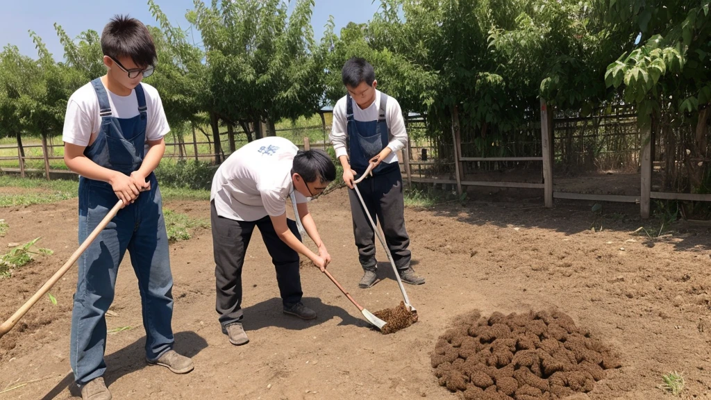 a young chinese men with specs is cleaning off pig poops in the farm yard, there are pigs walking around them.