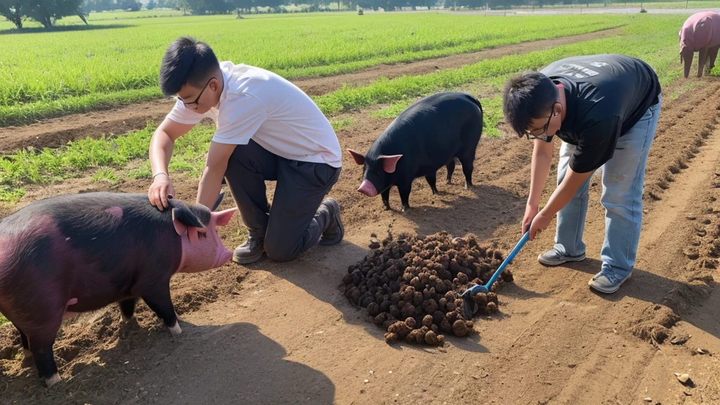 a young chinese men with specs is cleaning off pig poops in the farm yard, there are pigs walking around them.