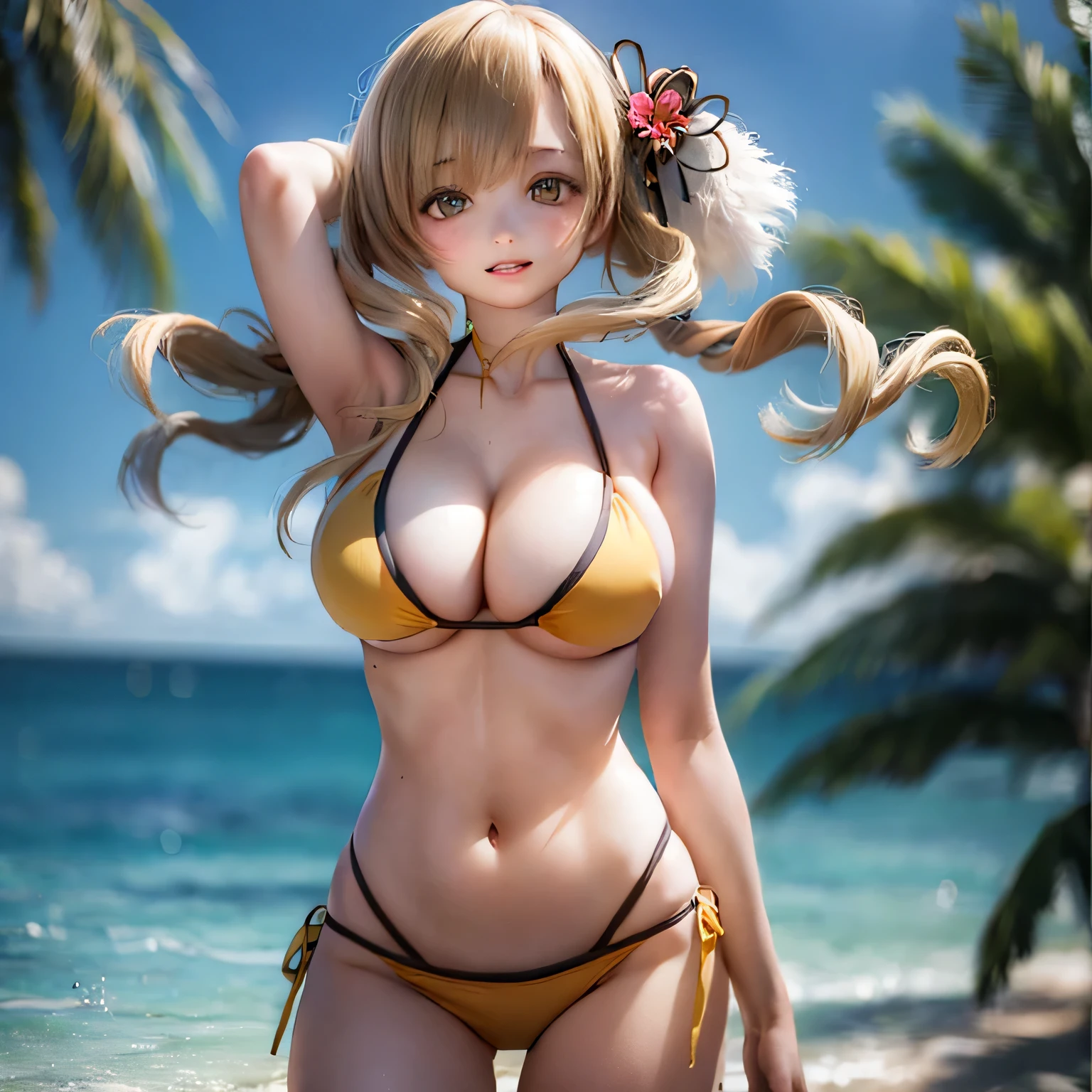 (hIgh qualIty, realIstIc), ((((((bikini)))))))I, vIbrant colors, tropIcal paradIse, beautIful detaIled eyes, long flowIng haIr, golden tan skIn, sparklIng ocean background, sun-kIssed glow, exotIc flowers, palm trees swayIng In the breeze,, Crystal clear water, refreshIng sea breeze, summer paradIse vIbes. (((gIgantIc breast)))(((beautIful breasts)))