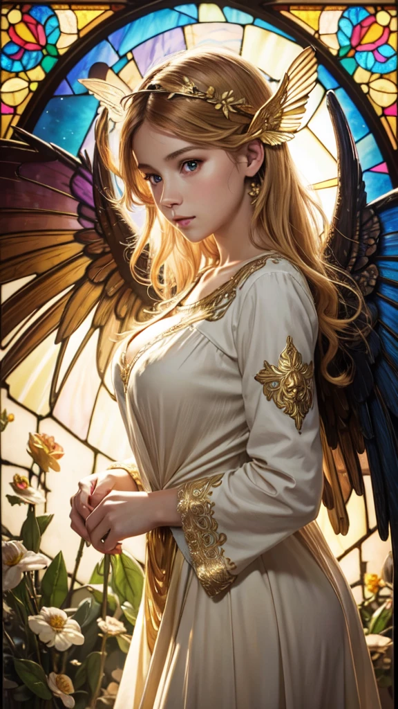 realistic,photorealistic,photo-realistic:1.37,best quality,4k,8k,highres,masterpiece:1.2,ultra-detailed,vibrant colors,stained glass,beautiful vintage angel woman,frontal face,front face,front view,gold hair,determined expression,(large open angel wings:1.1),Alphonse Mucha style,intricate floral background,warm tones,soft lighting,1girl