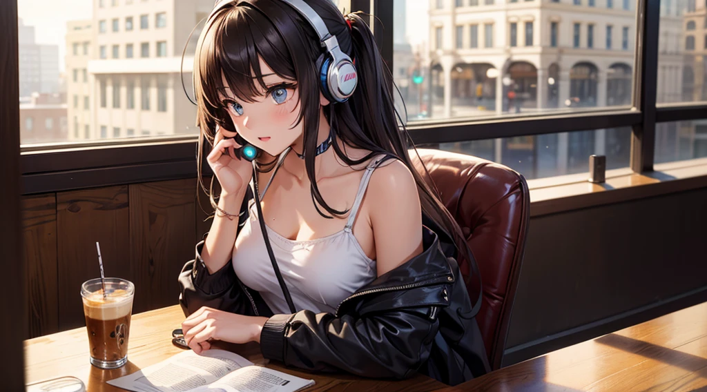 Girl with headphones enjoying music in a cafe I am studying Emphasize a little bit of the chest