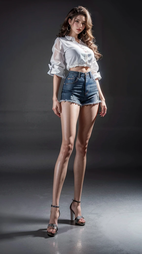 (masterpiece, best quality, Realistically, Work, Extremely detailed, 8K), ((Wide-angle lens, Full body female)), 1 girl，Light makeup，Exquisite facial features，Smile，Exquisite hairstyle, Long hair，Large Breasts，Denim shorts，Correct finger structure，Work服，Lace shirt，Hip-hop style，Light brown hair, Hair behind the ears, Pompadour hairstyle, curls, Medium Long hair, Heart Earrings, Front standing posture ，Full body portrait，Gray background