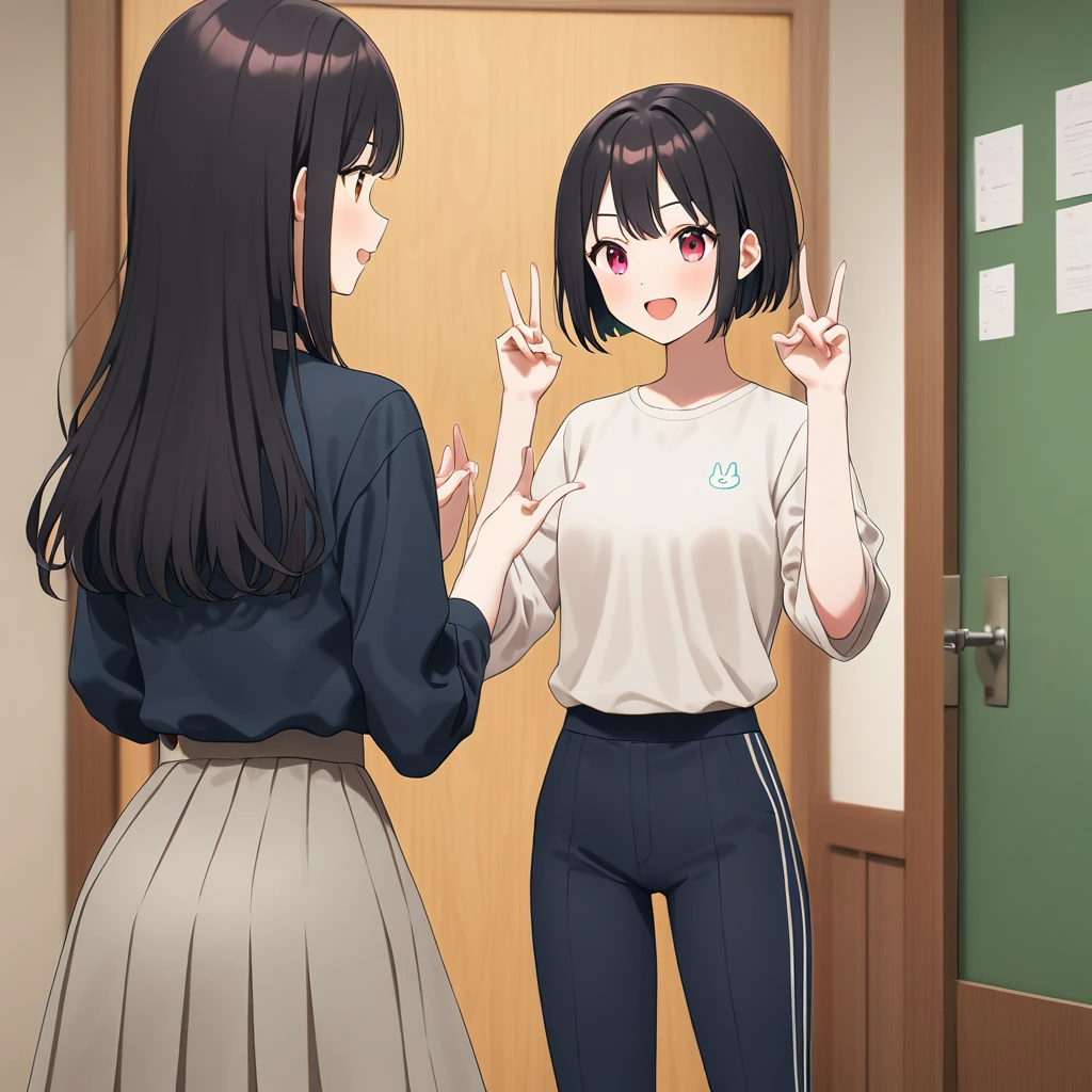 A confident smile, かわいいポーズをとっているtwo students demonstrating a gesture commonly associated with a peace sign while speaking by レストラン, slacks, Black Hair, indoor, in, skirt, shirt, ((((complete fiine fingers))))