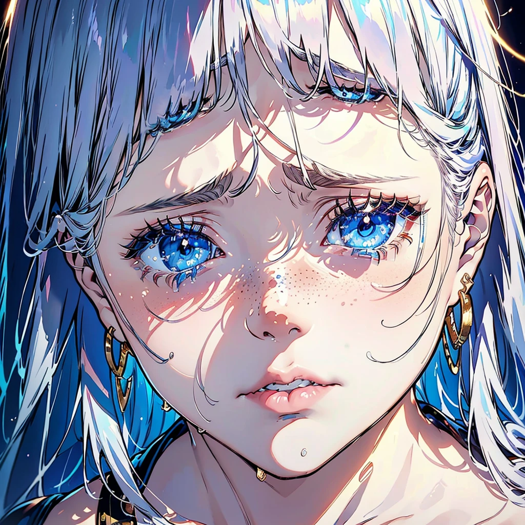 portrait of a young woman crying, silvery hair, (tears), sad face, (blue) eyes, (light freckles), juicy lips, gold earrings, beautiful lights, iper-realistic, masterpiece, ((cinematic lighting)), best quality.