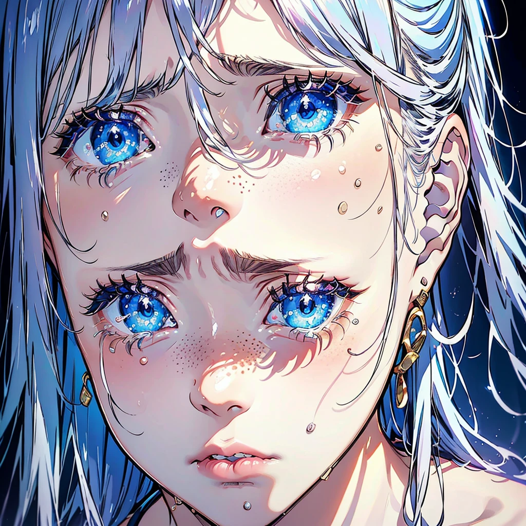 portrait of a young woman crying, silvery hair, (tears), sad face, (blue) eyes, (light freckles), juicy lips, gold earrings, beautiful lights, iper-realistic, masterpiece, ((cinematic lighting)), best quality.