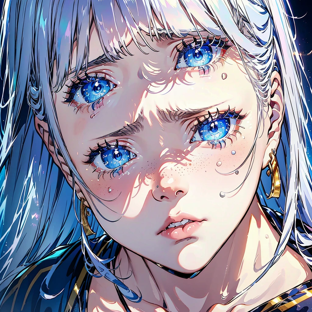 portrait of a young woman crying, silvery hair, (tears), sad face, (blue) eyes, (light freckles), juicy lips, gold earrings, beautiful lights, iper-realistic, masterpiece, ((cinematic lighting)), best quality.