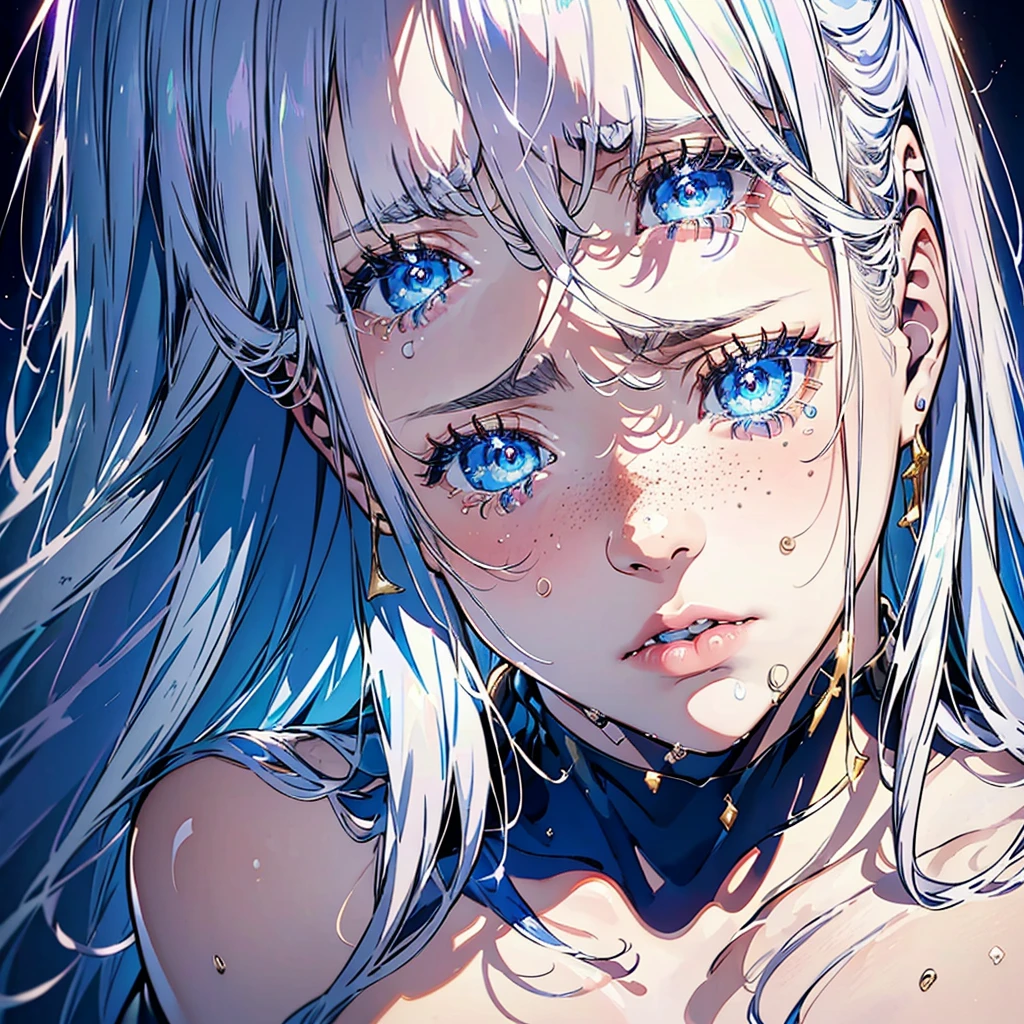 portrait of a young woman crying, silvery hair, (tears), sad face, (blue) eyes, (light freckles), juicy lips, gold earrings, beautiful lights, iper-realistic, masterpiece, ((cinematic lighting)), best quality.