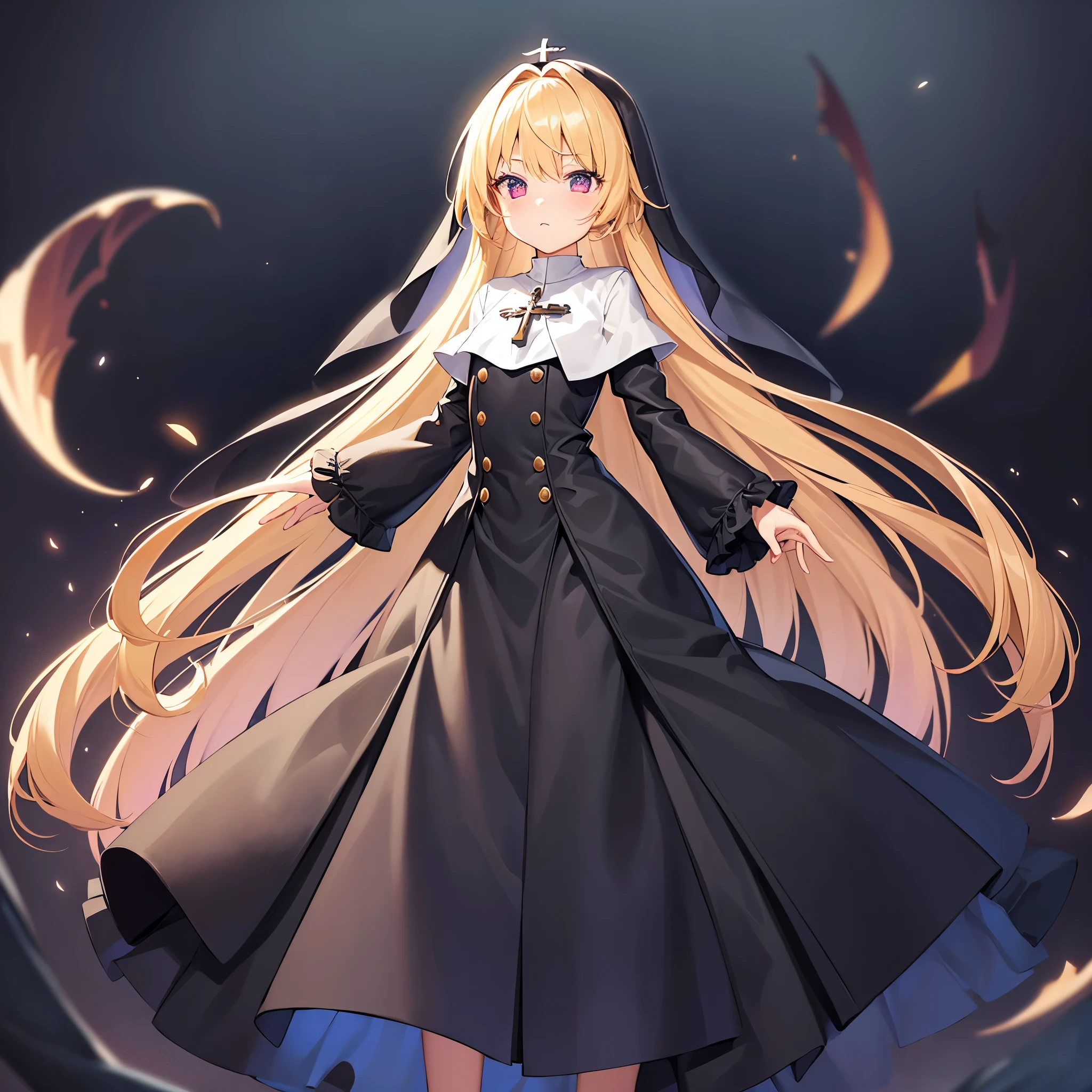 ((Priest)),Veil,Cute little loli,Tiny Lori,Small girl,,Childish face, Very fine clean face,Top quality, Big eyes,Straight Hair,Yellow hair,Crimson Eye,(Dark Room), Subtle light, Natural light,Soft lighting,Light from directly behind, (Are standing), Cute pose, Open your hands, Showing the whole body,Front view,Black background