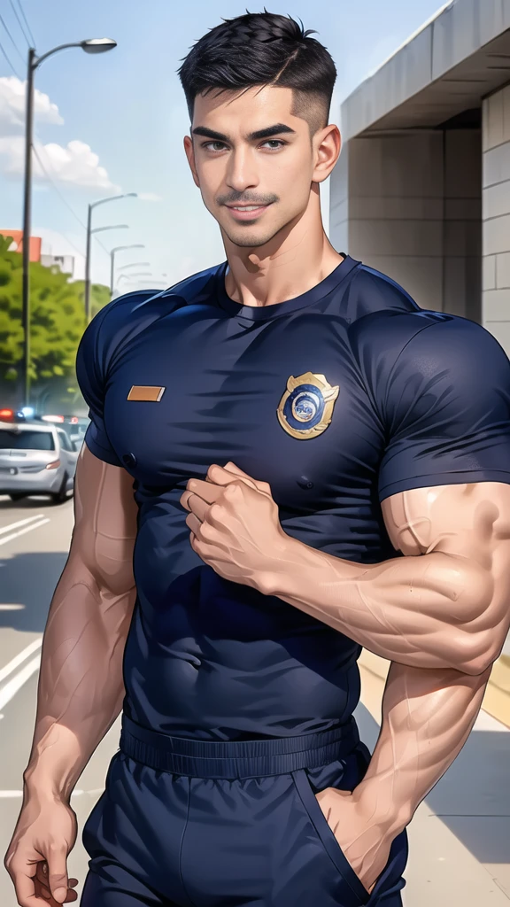 (handsome Man),(Thin mustache:1.1),(crew cut short hair:1.5),black eye,
(navy blue tight-fitting round neck short sleeve T-shirt:1.3),(Police badge:1.3),navy blue cargo pants,(navy_gloves:1,3),
Korean guy,chest muscles,large arm muscles,blood vessel,Big muscles,Broad shoulders,(open mouth:1.2),(face up:1.2),(open eyes:1.5),middle of the road,smile,(under town:1.4),