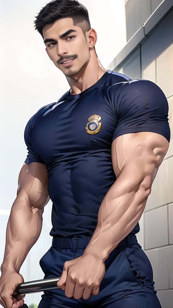 (handsome Man),(Thin mustache:1.1),(crew cut short hair:1.5),black eye,
(navy blue tight-fitting round neck short sleeve T-shirt:1.3),(Police badge:1.3),navy blue cargo pants,(navy_gloves:1,3),
Korean guy,chest muscles,large arm muscles,blood vessel,Big muscles,Broad shoulders,(open mouth:1.2),(face up:1.2),(open eyes:1.5),middle of the road,smile,(under town:1.4),