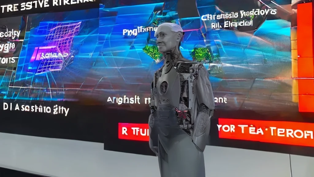 A sleek, futuristic robot stands in the center of a modern room. This robot is equipped with various advanced sensors and cameras on its body. In front of it, a large holographic screen displays colorful and dynamic stock market charts and data. The room's background is filled with cutting-edge technology, including control panels and additional monitors. Blue holographic light radiates from the screen, illuminating the robot's focused face and mechanical hands, which appear to be interacting with the data on the screen. The stock market analysis looks incredibly complex and precise, reflecting the robot's intelligent capabilities