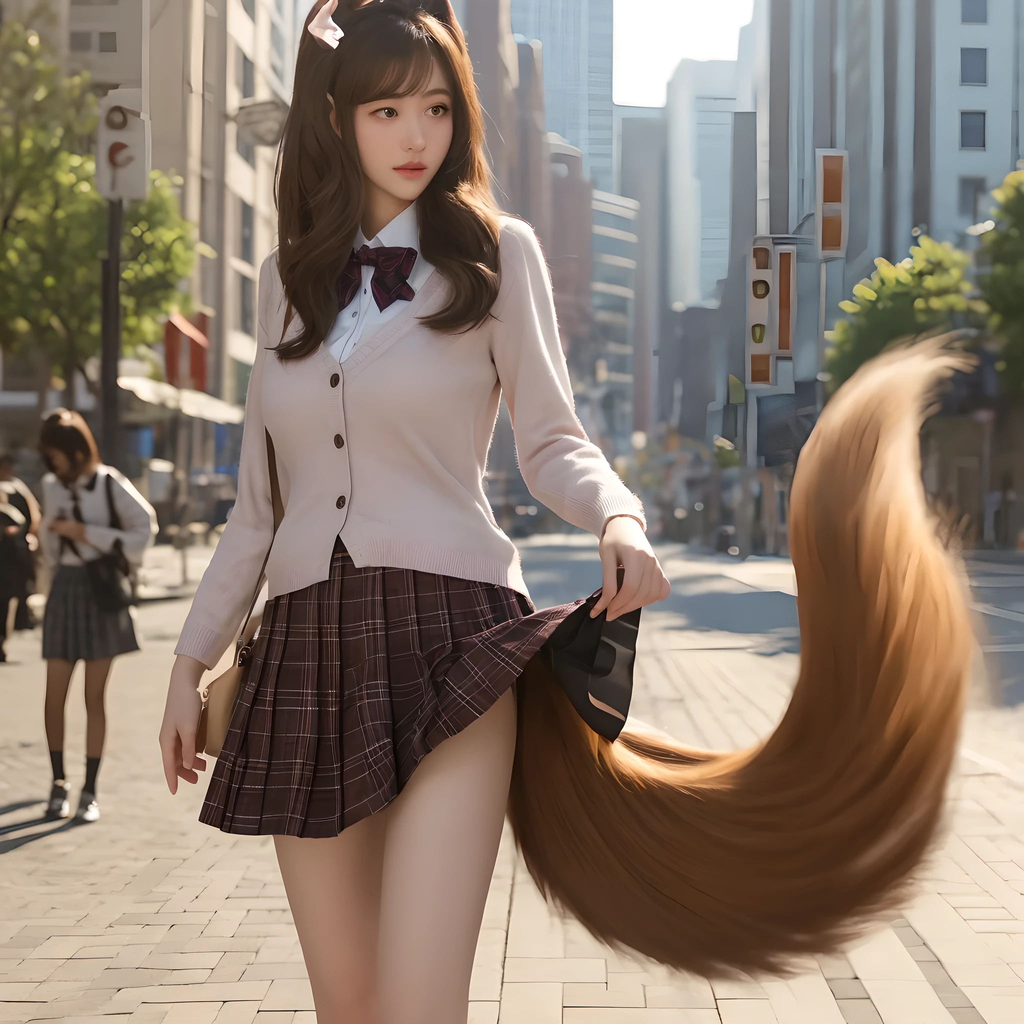 Araffe girl with long hair walking down a city street - SeaArt AI