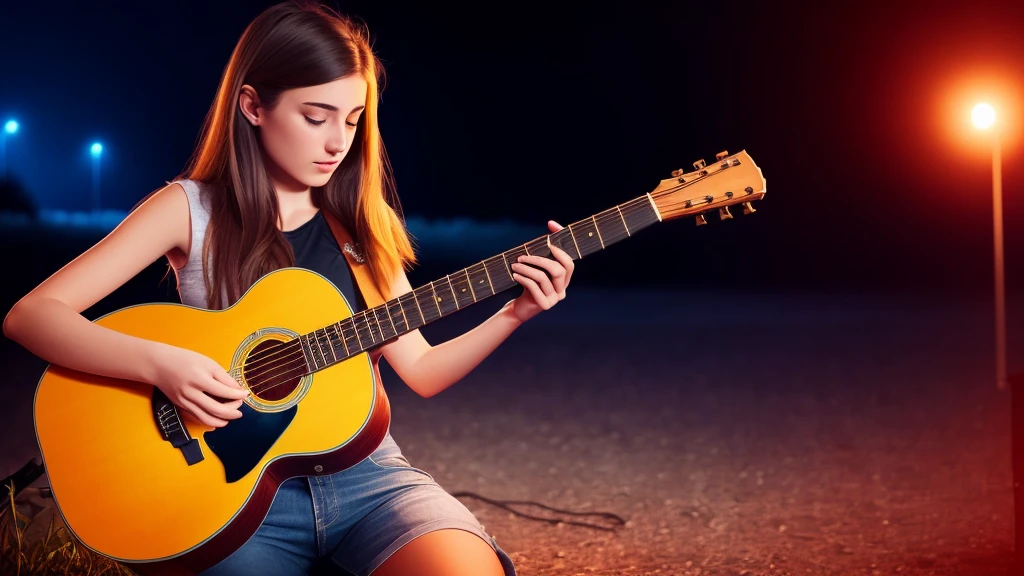 Realistic,night,guitar,15-year-old girl