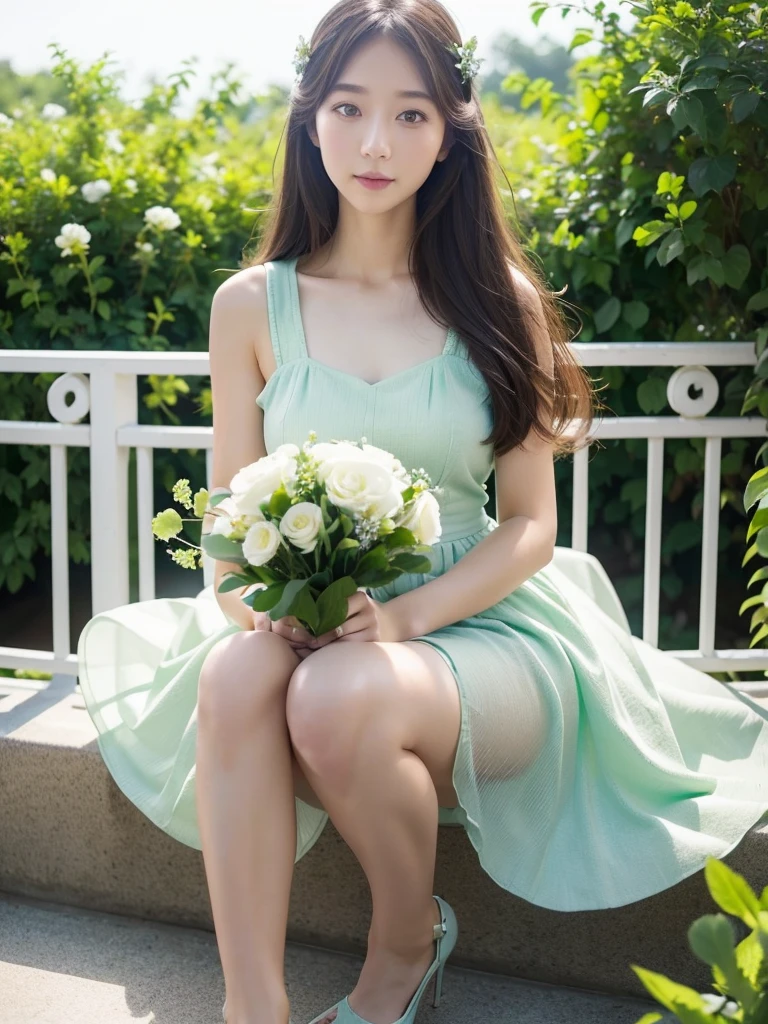 Whiteish Mint Dress、(Highest quality)、((Very detailed))、4K、(8K)、masterpiece、Very detailedな、Highest quality、Super Resolution、1 person、Kind Face、Soft Light、RAW quality、Soft Skin、163cm、Garden Terrace、Thighs、bouquet、knees