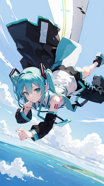 Hatsune Miku skydiving with a policeman in the air