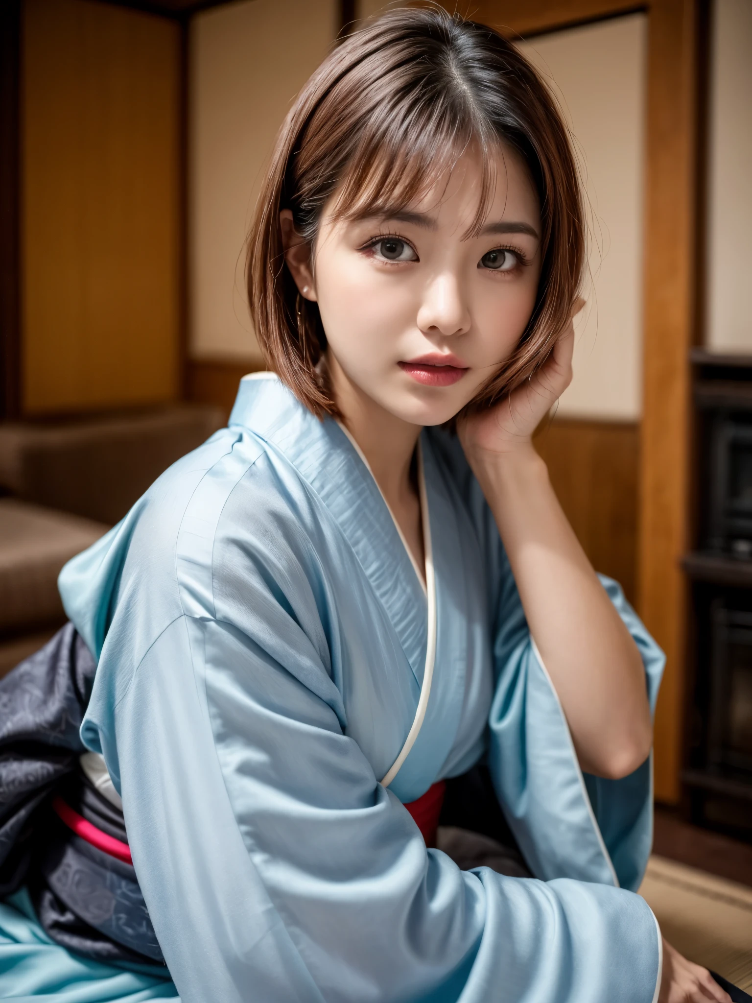 (((masterpiece))), (((Highest quality: 1.4))), ((Very detailed: 1.4)) , ulzzang-6500-v1.1, (RAW Photos:1.2), (Photorealistic), (Genuine:1.4), Sharp focus、Shot from the side、One girl, Beautiful and perfect face, Droopy eyes are cute、Duck mouth、Sitting on tatami、The hem is messy、One-Length Bob Cut, Japanese Clothing,kimono, 豪華なkimono、Beautiful long-sleeved kimono、上品な振袖kimono、Dazzling、Intricate details, Cinematic atmosphere, 8K, Very detailed, Sharp Eyes、