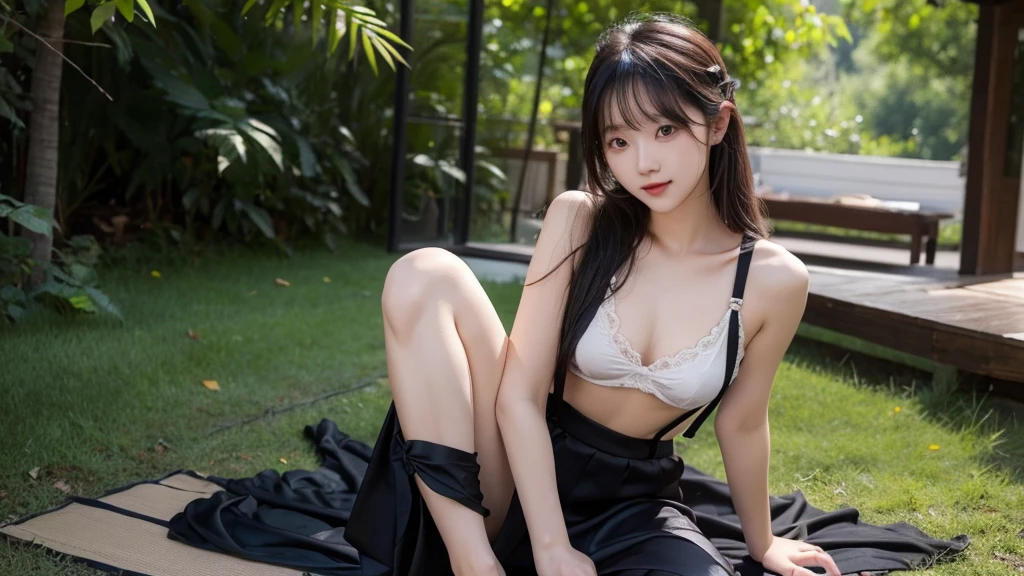 Black silk with letters,sit on the floor,Barefoot,Black suspenders,G cup,JK Skirt,long hair,Cute sister,nature,y,Have a positive face,full-body shot
