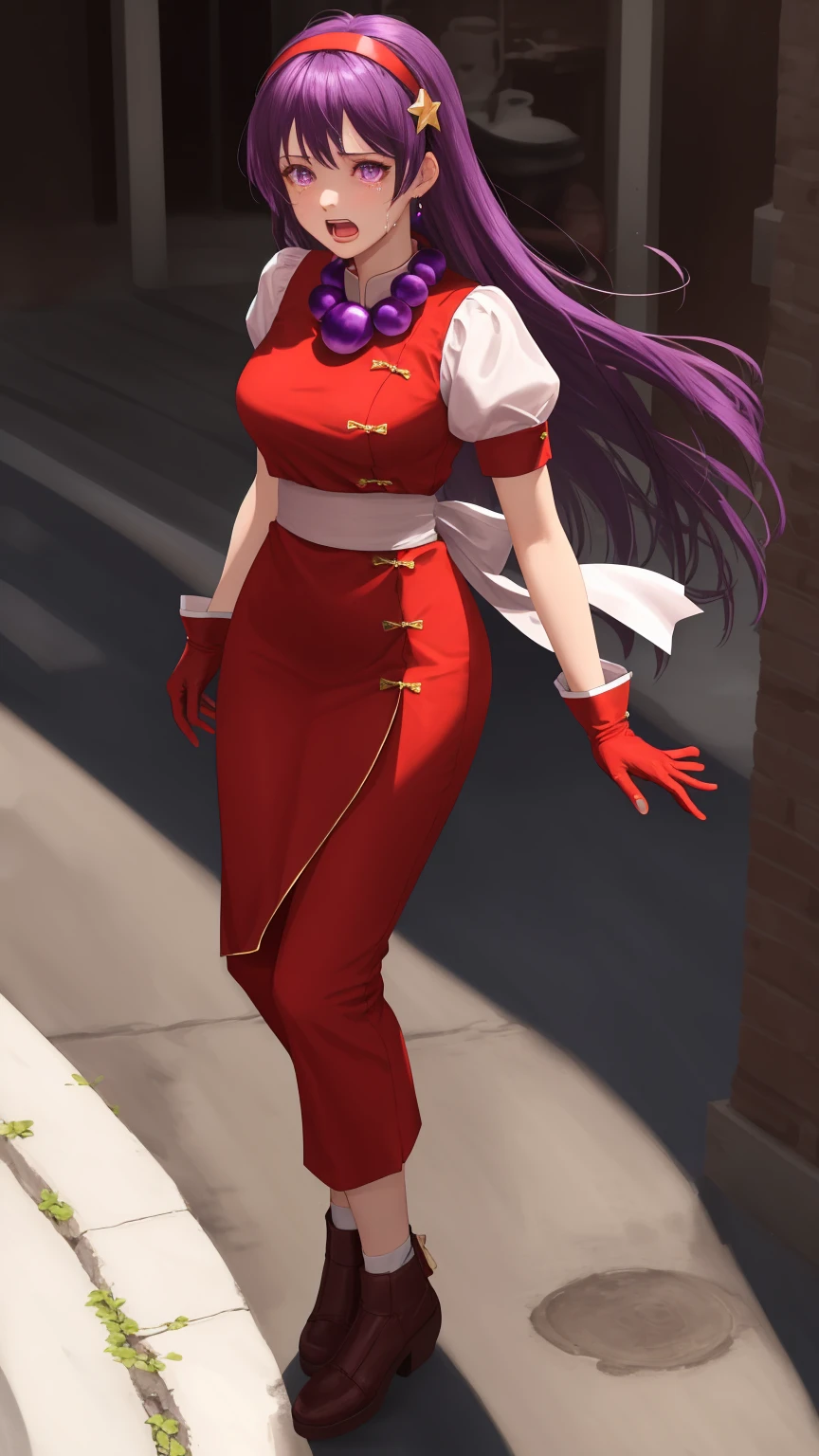 masterpiece,best quality,detailed,white theme,extreme detailed,colorful,highest detailed,masterpiece,best quality,highly detailed,athena97,1girl,full body,solo,standing,open mouth,crying,purple eyes,purple hair,straight hair,athena asamiya, long hair, hair ornament, (purple eyes:1.1), purple hair, hairband, star \(symbol\), star hair ornament, red hairband,gloves, jewelry, pants, fingerless gloves, necklace, bead necklace, chinese clothes, dress, red dress, puffy sleeves, short sleeves, white sleeves, red gloves,