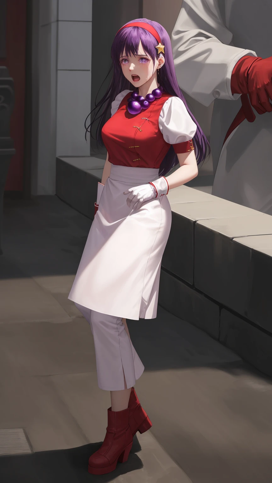 masterpiece,best quality,detailed,white theme,extreme detailed,colorful,highest detailed,masterpiece,best quality,highly detailed,athena97,1girl,full body,solo,standing,open mouth,crying,purple eyes,purple hair,straight hair,athena asamiya, long hair, hair ornament, (purple eyes:1.1), purple hair, hairband, star \(symbol\), star hair ornament, red hairband,gloves, jewelry, pants, fingerless gloves, necklace, bead necklace, chinese clothes, dress, red dress, puffy sleeves, short sleeves, white sleeves, red gloves,