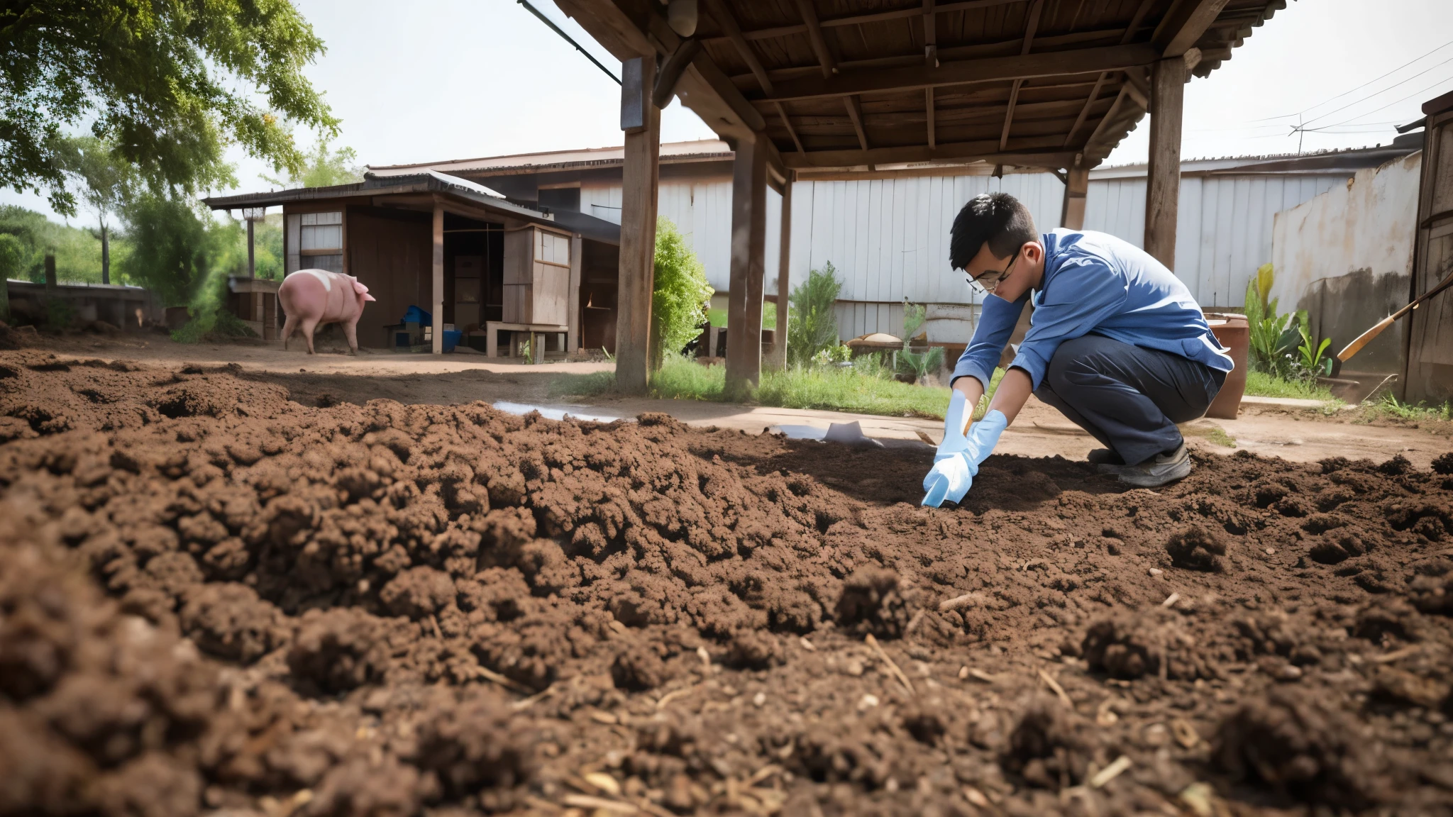 a young chinese men with specs is cleaning off pig poops in the farm yard, there are pigs walking around them.