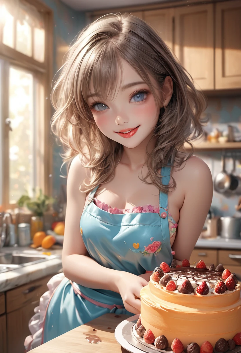 beautiful cute girl, colorful kitchen, extremely intricate cute bikini apron outfit, no sleeve, middle breasts, baking a cake, sneaking a taste, chocolate on her lips, happy smiling face, (highest quality,16k,highres,masterpiece:1.2),ultra-detailed,(ultra-realistic,photorealistic,photo-realistic:1.37),extremely detailed eyes and face,beautiful detailed eyes,beautiful detailed lips,longeyelashes,idol posing,warm color tones,natural lighting,soft focus,cute,adorable,whimsical,sweet