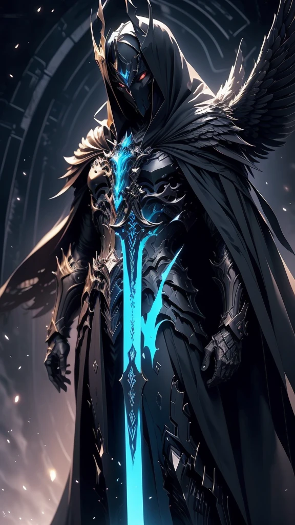 Striking illustration of the Angel of Death., A mysterious and ethereal figure who guards the threshold between life and death.. His presence is enigmatic and powerful...., con alas inmensas que se extienden hacia el horizonte y una mirada penetrante que transmite serenidad y temor. He uses cool tones and deep shadows to emphasize his ethereal nature and his connection to the realm of death......(dark lighting), ( ethereal lighting),(Spectral illumination)