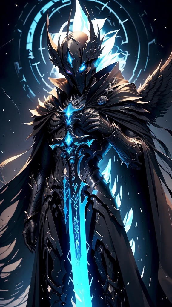 Striking illustration of the Angel of Death., A mysterious and ethereal figure who guards the threshold between life and death.. His presence is enigmatic and powerful...., con alas inmensas que se extienden hacia el horizonte y una mirada penetrante que transmite serenidad y temor. He uses cool tones and deep shadows to emphasize his ethereal nature and his connection to the realm of death......(dark lighting), ( ethereal lighting),(Spectral illumination)