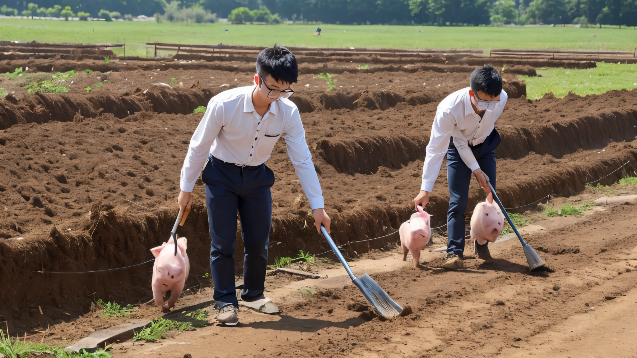 a young chinese men with specs is cleaning off pig poops in the farm yard, there are pigs walking around them.