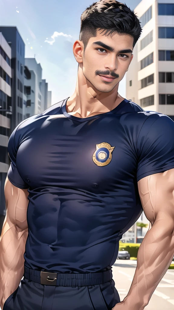 (handsome Man),(Thin mustache:1.1),(crew cut short hair:1.5),black eye,
(navy blue tight-fitting round neck short sleeve T-shirt:1.3),(Police badge:1.3),navy blue cargo pants,(navy_gloves:1,3),
Korean guy,chest muscles,large arm muscles,blood vessel,Big muscles,Broad shoulders,(open mouth:1.2),(face up:1.2),(open eyes:1.5),middle of the road,smile,(City town:1.4),