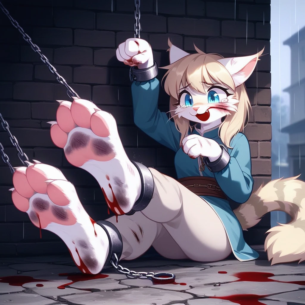 (hi res), ((masterpiece)) , ((best quality)),Solo, score_9,score_8_up,score_7_up, source_furry, Kat, Anthro furry feline girl, tall body, hourglass figure, adult female, blue eyes, silver fur, blonde hair with pony tail, (striped tail), white whiskers, pink nose, wearing simple blue long sleeve tunic, light brown fitted pants, barefoot, (feet paws), (4 toes), pink paw pads, foot focus, Her face was covered with tears,Have tears in her eyes,looking at viewers, looking uncomfortable, eyes half closed, outdoors, rainy day, spread feet apart, cute dainty feet,(The two feet paws are connected with chains between them),(there are many chains),The chains fastened her hands and feet paws ,(feet chains focus),She's chained to a wall., she is chained on neck and feet,(very dirty feet),((bloody scars are only on her feet)),((no blood on her face )),(Fetters were placed on her feet),(Fetters and feet focused),(show the fetters),Hands chained to the wall,feet chained to the wall,She looks happy,She waved hands at viewers,