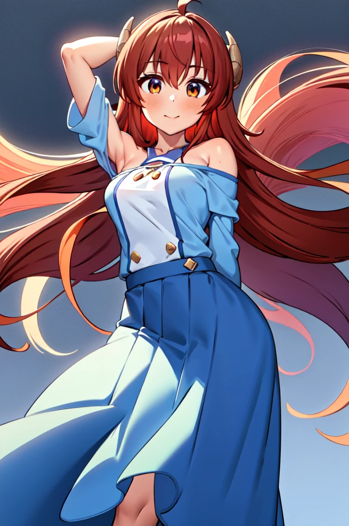 1girl,solo,full body,standing,(brown hair:1.2),long hair,ahoge,(brown eyes:1.2),(beautiful fingers:1.2),(perfect anatomy:1.4),(arms_behind_back:1.6),(cold_shoulder:1.2),masterpiece,best quality,(Ultra high definition eyes:1.2),8k,(Beautiful detailed eyes:1.2),(Fine and beautiful eyes:1.2),(pretty eyes:1.2),finely detail,extremely CG, absurdres,high resolution,illustration,Detailed and beautiful outlines,finely detail,high resolution,(colorful refraction:1.4,Increase saturation:1.2),beautiful lighting,dynamic lighting,closed room,black background,simple background, smile,looking at viewer,yoshida yuuko \(machikado mazoku\),shamiko,horns, student uniform, arms behind back, smile, closed mouth, blush,