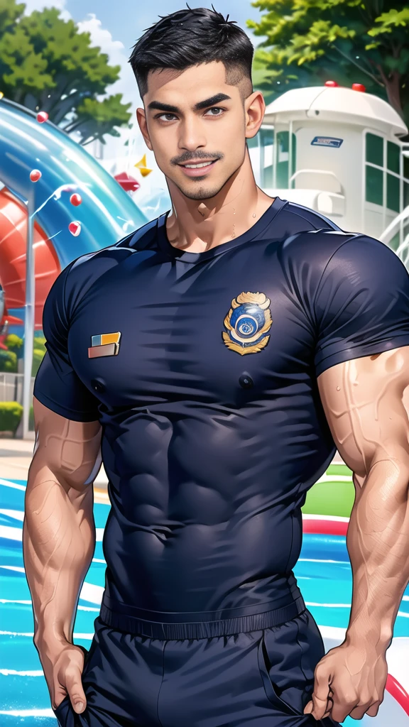 (handsome Man),(Thin mustache:1.1),(crew cut short hair:1.5),black eye,
(navy blue tight-fitting round neck short sleeve T-shirt:1.3),(Police badge:1.3),navy blue cargo pants,(navy_gloves:1,3),
Korean guy,chest muscles,large arm muscles,blood vessel,Big muscles,Broad shoulders,(open mouth:1.2),(face up:1.2),(open eyes:1.5),middle of the road,smile,(water park:1.4),