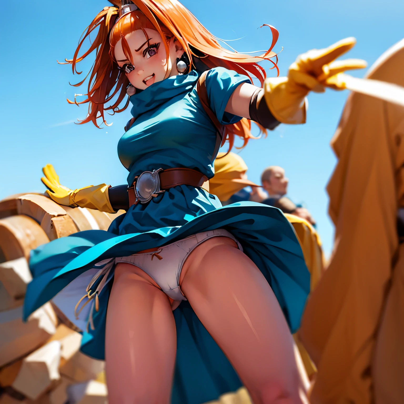 dq6barbara,manspread,white panties,shoot from below,sky,wind from below,
high ponytail
dress
cape
yellow gloves
belt
jewelry
earrings