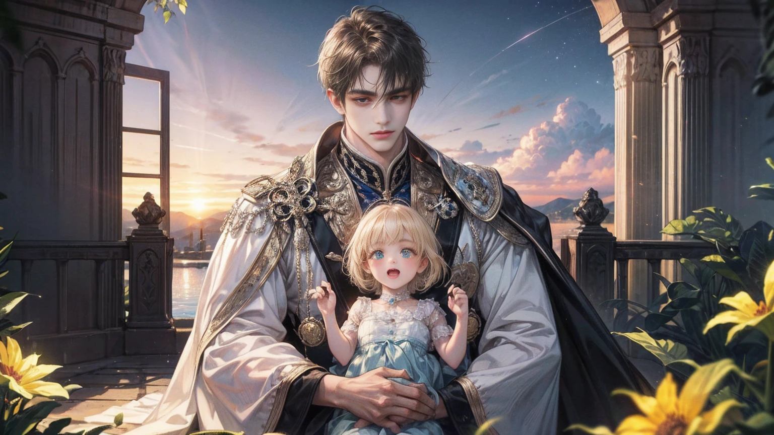(masterpiece), (Highest quality, High resolution, Very detailed, figure), , Beautiful attention to detail, 8K, Trending on Art Station, A mountain with the moon floating in the sky, introduced on Pixiv々and lakes, 4K のVery detailedデジタルアート, Very detailed4K HD壁紙, Impressive and fantastic landscape, Sci-Fi Fantasy Desktop Wallpaper, Unreal Engine 4K Wallpaper, 4K Detailed Digital Art, Sci-Fi Fantasy Wallpapers, Epic dreamy fantasy landscape, 4K HD Matte Digital Painting, Amazing artwork in 8K "Under the clear blue summer sky, in the garden of a modern house in Pula, Croatia, a young father is warmly and tightly holding up his young twin children, a boy and a girl. The father, once Constantine I, displays an expression of love and forgiveness, showing no signs of fatigue from work. The twins, once Crispus and Fausta, have innocent and radiant smiles, enveloped in a sense of security in their father's arms. In the background, the sparkling sea and the stylish modern house bathed in summer sunlight extend. Light and shadow intertwine perfectly, with the whole scene exuding a glow symbolizing purification and relationship restoration."。Also friendly and pleasant relationship、divine atmosphere、A paradise of greenery and flowers、heaven、Blessings and Blessings、Beautiful fece、brilliance、ultra-quality、Ultra-high resolution、ultra-definition、Super beautiful、​masterpiece
