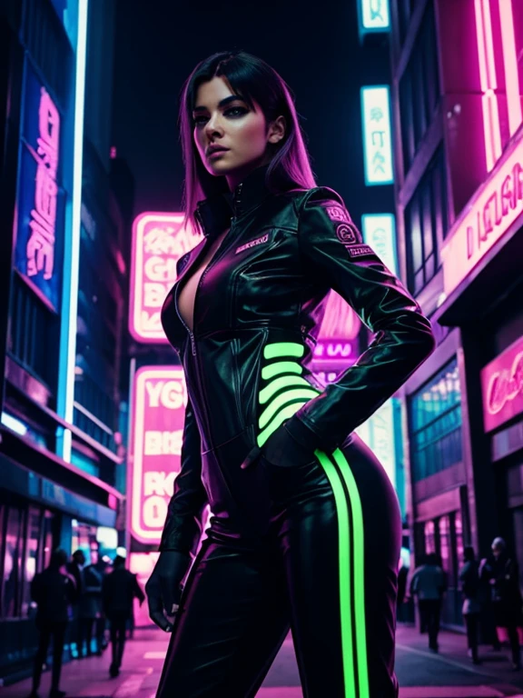 In a neon-lit futuristic cityscape, a confident woman in a sleek black leather suit strides purposefully through the bustling streets. The camera follows her from a low angle, emphasizing her dominance and the high-tech environment. Neon signs and holographic advertisements flicker around her, casting colorful reflections on her outfit. The atmosphere is intense and vibrant, evoking a sense of cyberpunk allure.