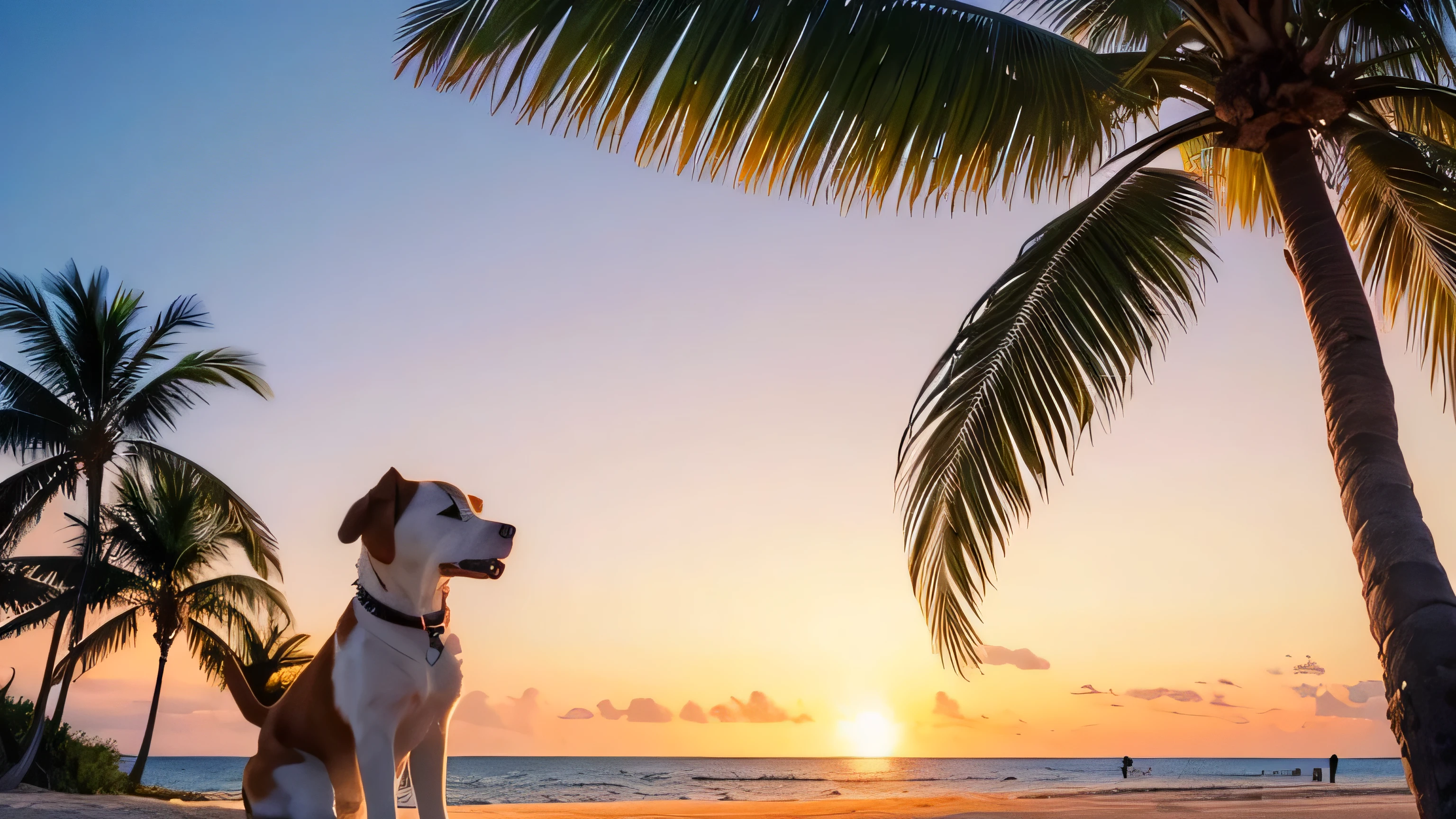 Beach, Palm tree, sunset, horizontal line, Cute dog