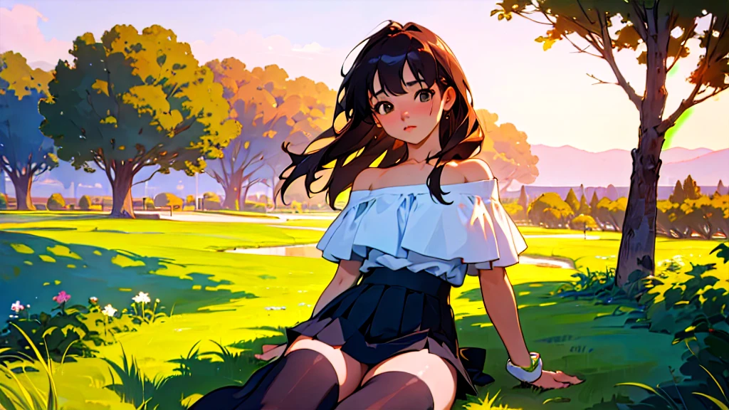 (Highest quality, masterpiece, Ultra-realistic), Beautiful and delicate１５Year-old girl portrait, With a calm and gentle expression, Model for painting、Background landscape is park at sunset、Off the shoulder、Miniskirt、Black Stockings、Retro feel