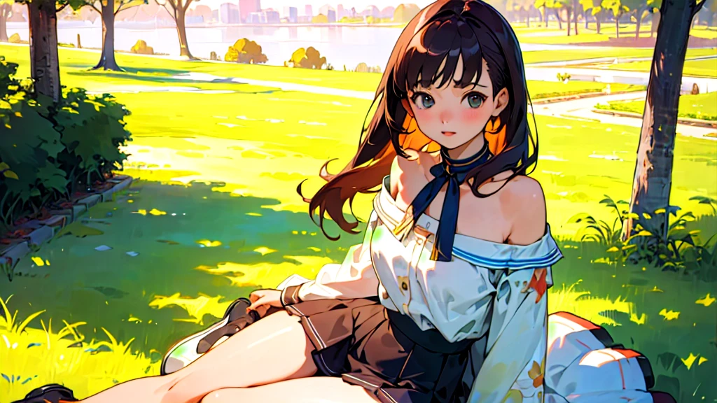 (Highest quality, masterpiece, Ultra-realistic), Beautiful and delicate15Year-old girl portrait, With a calm and gentle expression, Model for painting、Background landscape is park at sunset、Off the shoulder、Miniskirt、Black Stockings、Retro feel