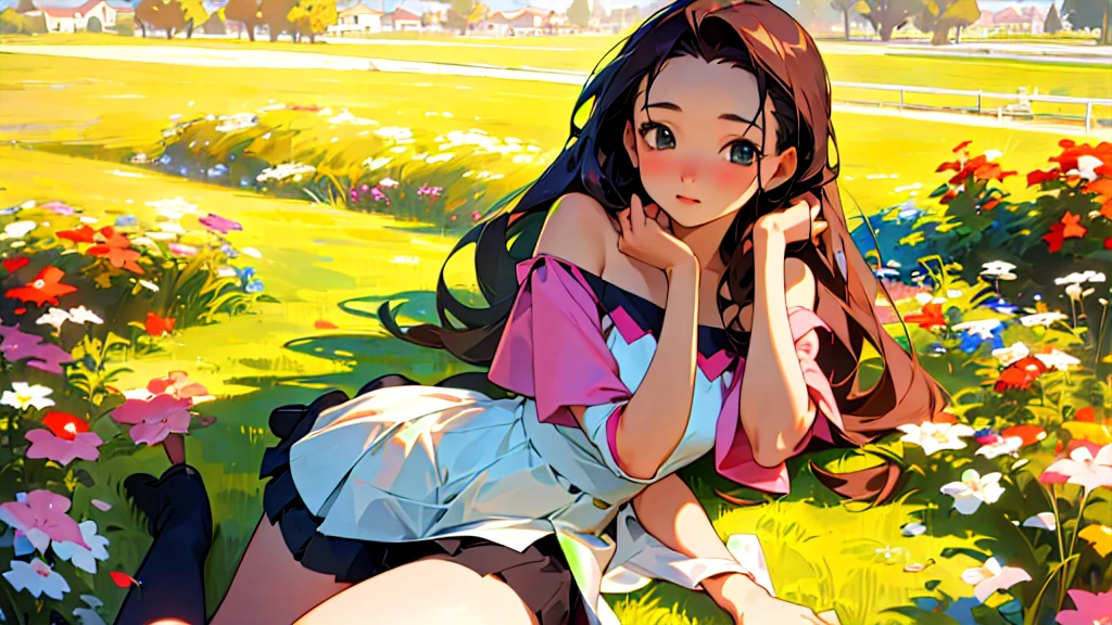 (Highest quality, masterpiece, Ultra-realistic), Beautiful and delicate15Year-old girl portrait, With a calm and gentle expression, Model for painting、Background landscape is park at sunset、Off the shoulder、Miniskirt、Black Stockings、Retro feel