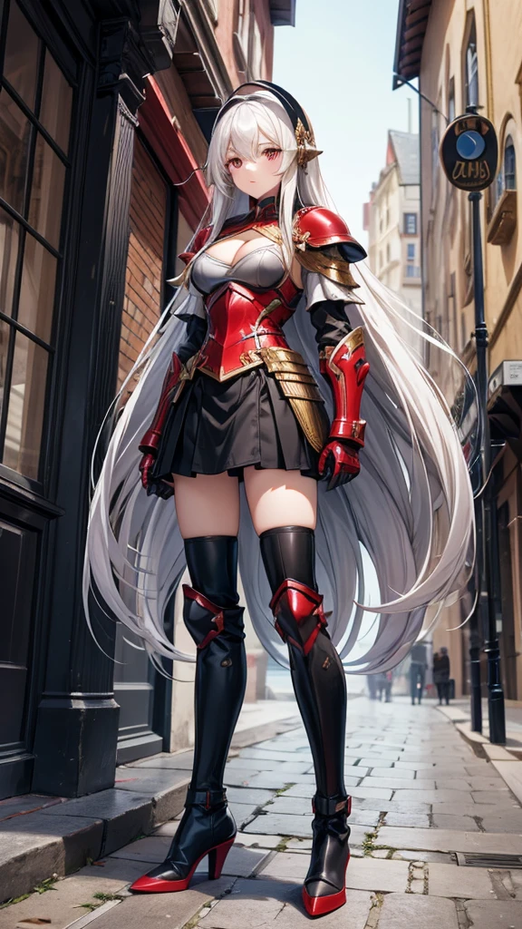 Girl with long white straight hair and medium chest，black tights，red full body armor，helmet，cleavage，Long skirt，，Legs Boots，Standing，medieval european city