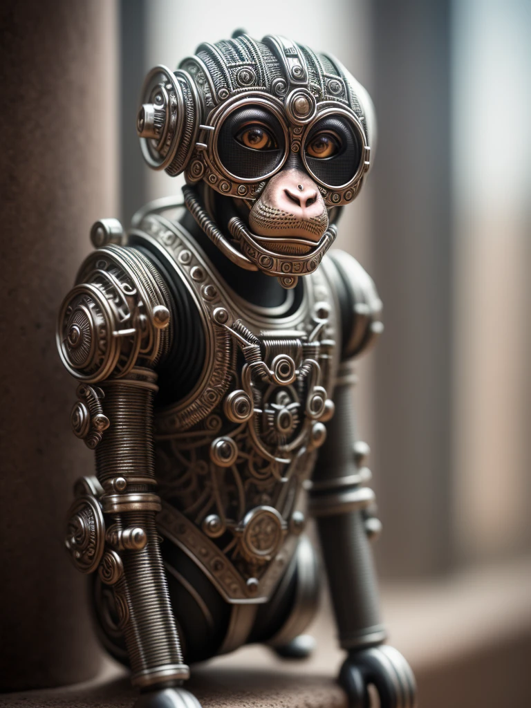 a cute monkey made out of metal, (cyborg:1.1), ([tail | detailed wire]:1.3), (intricate details), hdr, (intricate details, hyperdetailed:1.2), cinematic shot, vignette, centered, downhill helm
