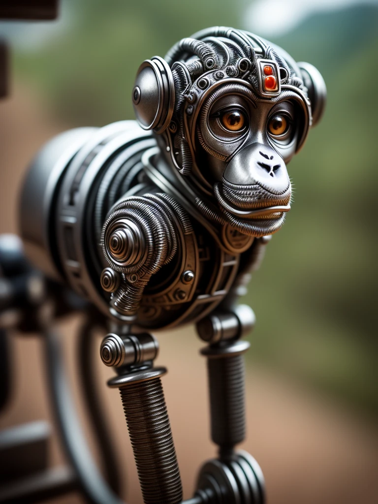 a cute monkey made out of metal, (cyborg:1.1), ([tail | detailed wire]:1.3), (intricate details), hdr, (intricate details, hyperdetailed:1.2), cinematic shot, vignette, centered, downhill helm