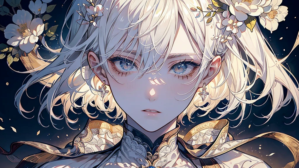 (Highest quality, expensive), Teen Uncensored, Nice boy, Sports Late, Detailed eyes, Detailed lips, Detail Makeup, Long white hair, Idyllic attire,Short pants,White lace shirt, Neutral expression, Stand in lush gardens, Blooming Flowers々Surrounded by, Sunlight pierces the tree, casting a warm glow, There was a hint of fog in the air, Add an ethereal atmosphere。(Realistic, Photorealistic),Soft light source
