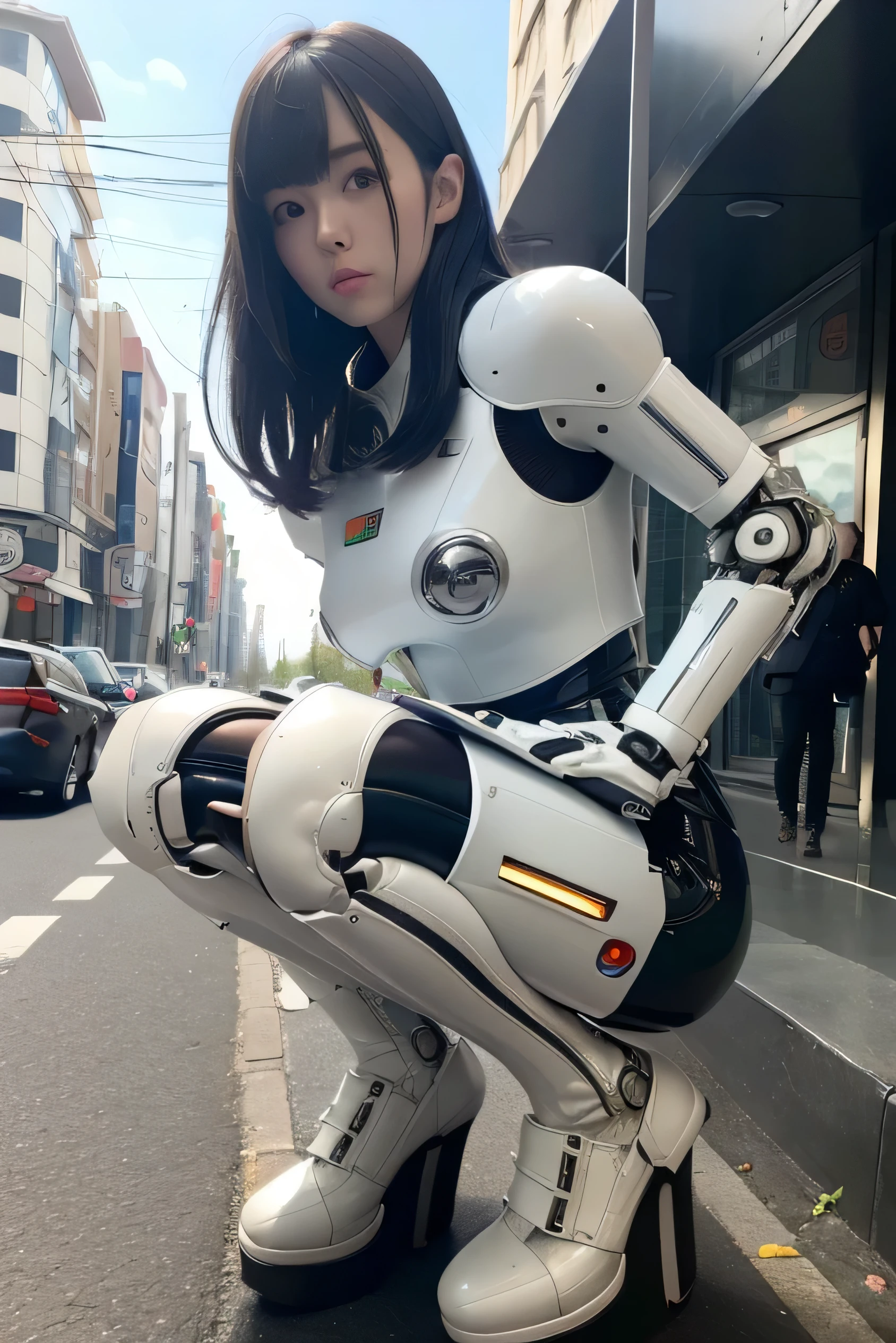 masterpiece, best quality, extremely detailed, Japanese android woman,Plump,control panels,Squat,android,droid,Mechanical Hand,Robot arms and legs, Black Robot Parts,black hair, white knee high socks,black sponge joints,blunt bangs,white robot body,ceramic body,platform sneaker,perfect cyborg girl,on the street,blue eyes