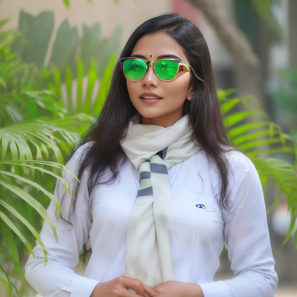 araffe woman wearing a white shirt and a tie and green glasses, with sunglass, with square glasses, wear ray - ban glass, nivanh chanthara, in sunny weather, green shades, candid picture, with lovely look, with accurate face, with glasses, assamese aesthetic, with a cool pose, with sunglasses, !!wearing modern glasses!!