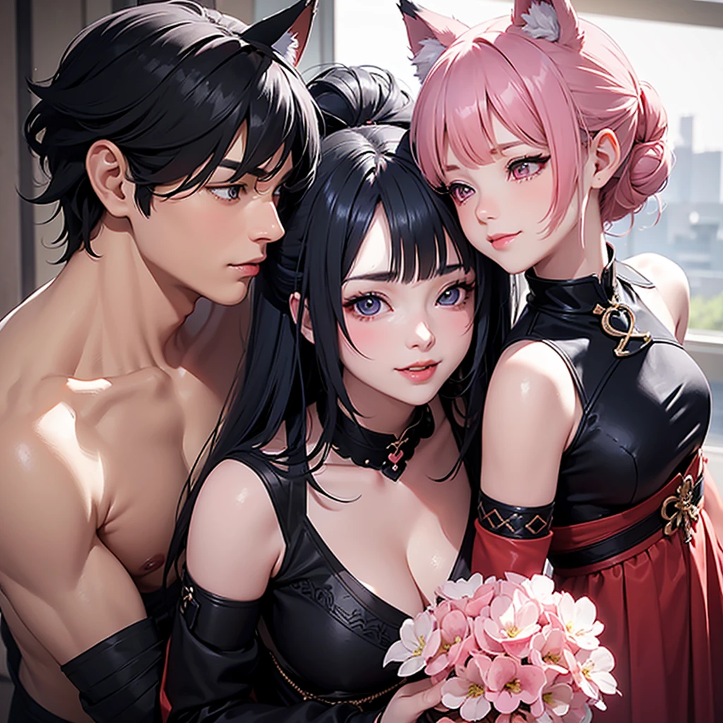 Main color: black Sub color: red Touch color: blue。Light pink hair。Wolf ears。Short updo hairstyle。Costumes watered。Young girl body。Kissing Face、Shyness、smile、Looking up。A pose to seduce a man。Side angle cleavage close up。