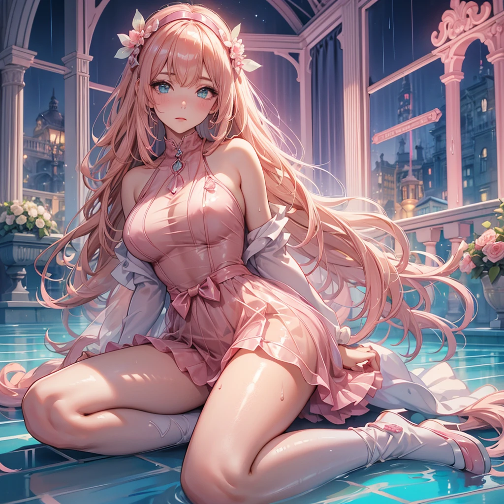 A large amount of sweat drips from the forehead,　Overall orange background in the evening　Sunset sunlight,　Showing disgust　Huddle together　Blonde Long Hair　anime　　Romanesque style　 Super Curly Hair　Super long sideburns　See-throughの衣服　Wet and sheer pearl skin turtleneck wedding dress　少女がcuteポージング　Pool at night　Droopy eyes　Peach ribbon headband　天蓋付きのcuteベッド　Aqua Blue Rubber Sheets　Aqua Blue Rubber Bed　Lying down　Sad face　Embarrassing　Blushing　Wet and transparent pearl skin berry long skirt　Wet and transparent pearl skin tights　Wet and transparent pearl skin innerwear　Rubber luster　Multiple pink ribbons　Soaked in the rain　Wet and transparent pearl skin super long gloves　Wet and transparent pearl skin pantyhose　Hot Pink Garter Belt　cute　Pitiful　clear　Big eyes　Droopy eyes　Pale pink rouge　Shocking Pink Pink Long Boots　Wet and transparent pearl skin body　See-through　See-through　Wet　衣服が汗で濡れてSee-through　The whole body is covered in oil and has a glossy appearance.　Steam is coming out of my whole body　Steam like a sauna room fills the entire screen.　White breath from the mouth　The whole body is covered in glossy oil.　